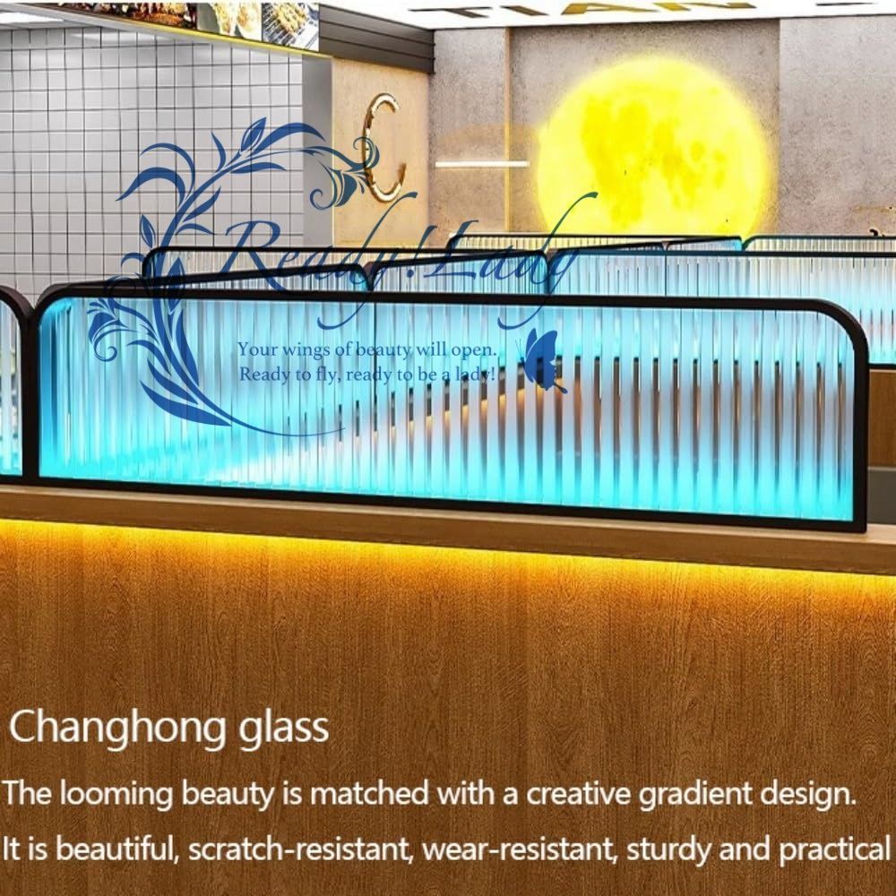 ランプ付きアイアンルームディバイダー ローフェンスディバイダースクリーン ストライプガラスカウンタートップディバイダー セミプライバシーデスクディバイダー背の高いバージョン Black 4pcs