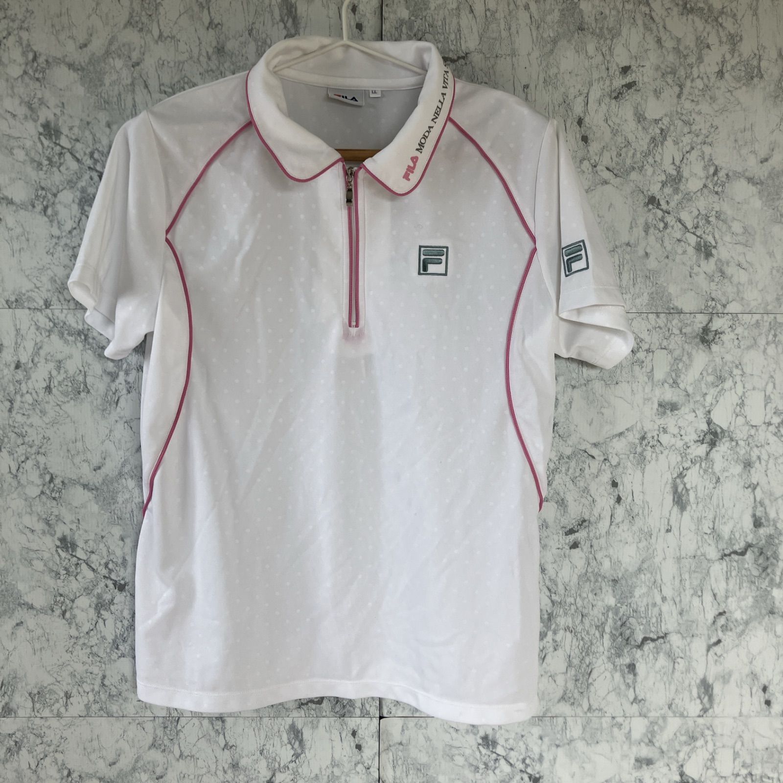 FILA フィラ ポロシャツ LL 半袖 薄手 ハーフジップアップ 白 ホワイト ピンク ドット柄 ロゴ スポーツ ゴルフ テニス