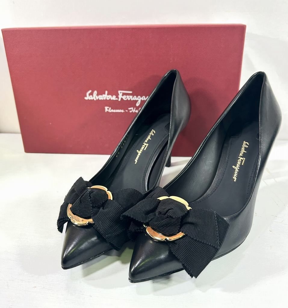 クリスチャンルブタン リボン オープントゥ ピンヒール パンプス 35.5 黒 Christian Louboutin 黒オープントゥパンプス クリスチャン