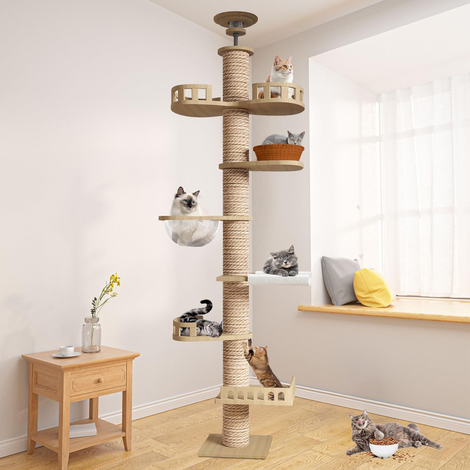 在庫セール CozyMeow キャットタワー 突っ張り 木登りタワー 木製 キャットツリー スリム 宇宙船 ハンモック 多層無垢材 太い支柱 大型猫用 多頭飼い 猫タワー 爪とぎ つめとぎ 猫 人気 おしゃれ かわいい ねこ キャットウォーク 安定性良い 高