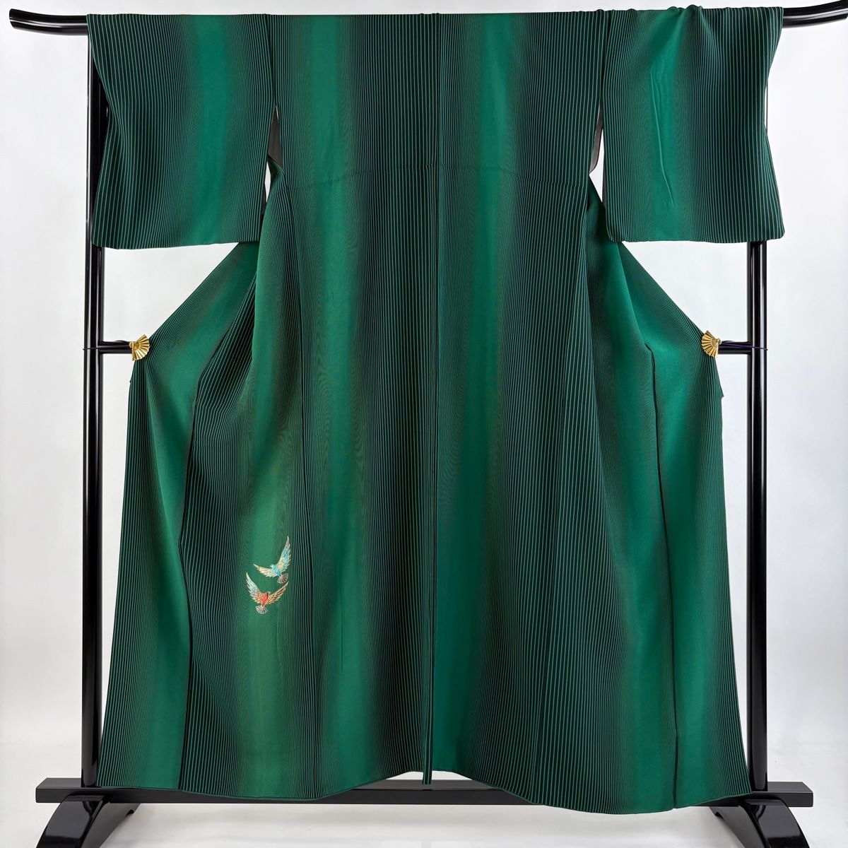 付下げ 身丈156.5cm 裄丈69.5cm L 袷 鳥 縦縞 金銀彩 緑 正絹 秀品