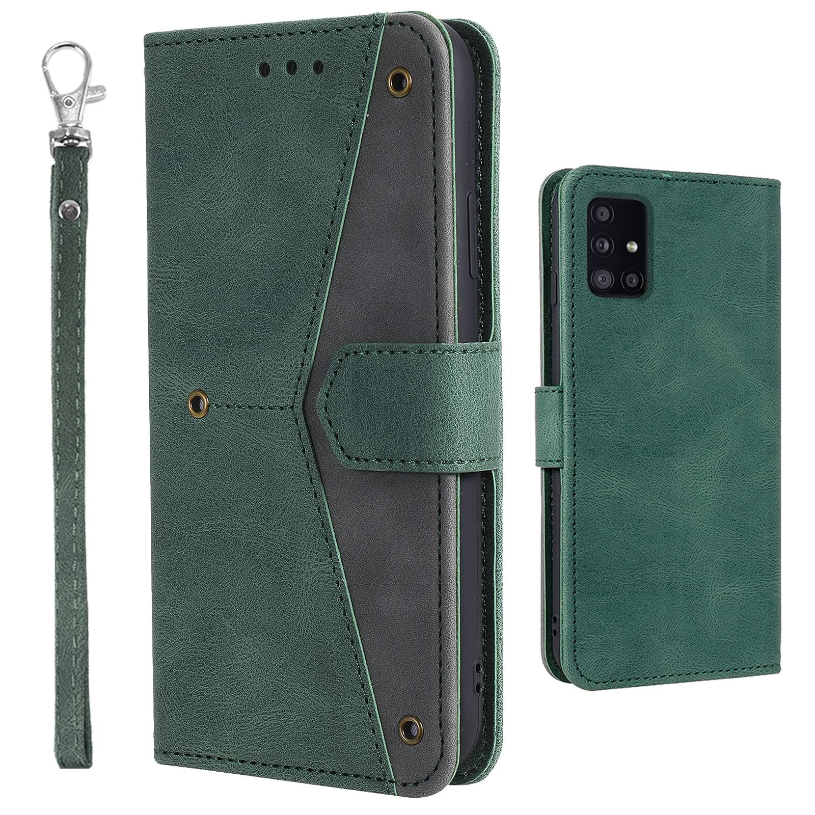 【新着商品】cover マートフォン用手帳型ケース スタンド機能 ストラップ付き TPU case カード収納 高級PU合皮 サイドマグネット 手帳型ケース (SC-54A) (グリーン/グレー) 5G A51 Galaxy UnivoColors