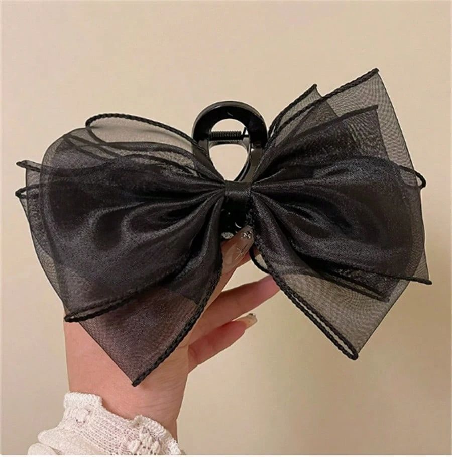 1個 エレガントなサテン&メッシュ リボンデザイン ヘアクリップ