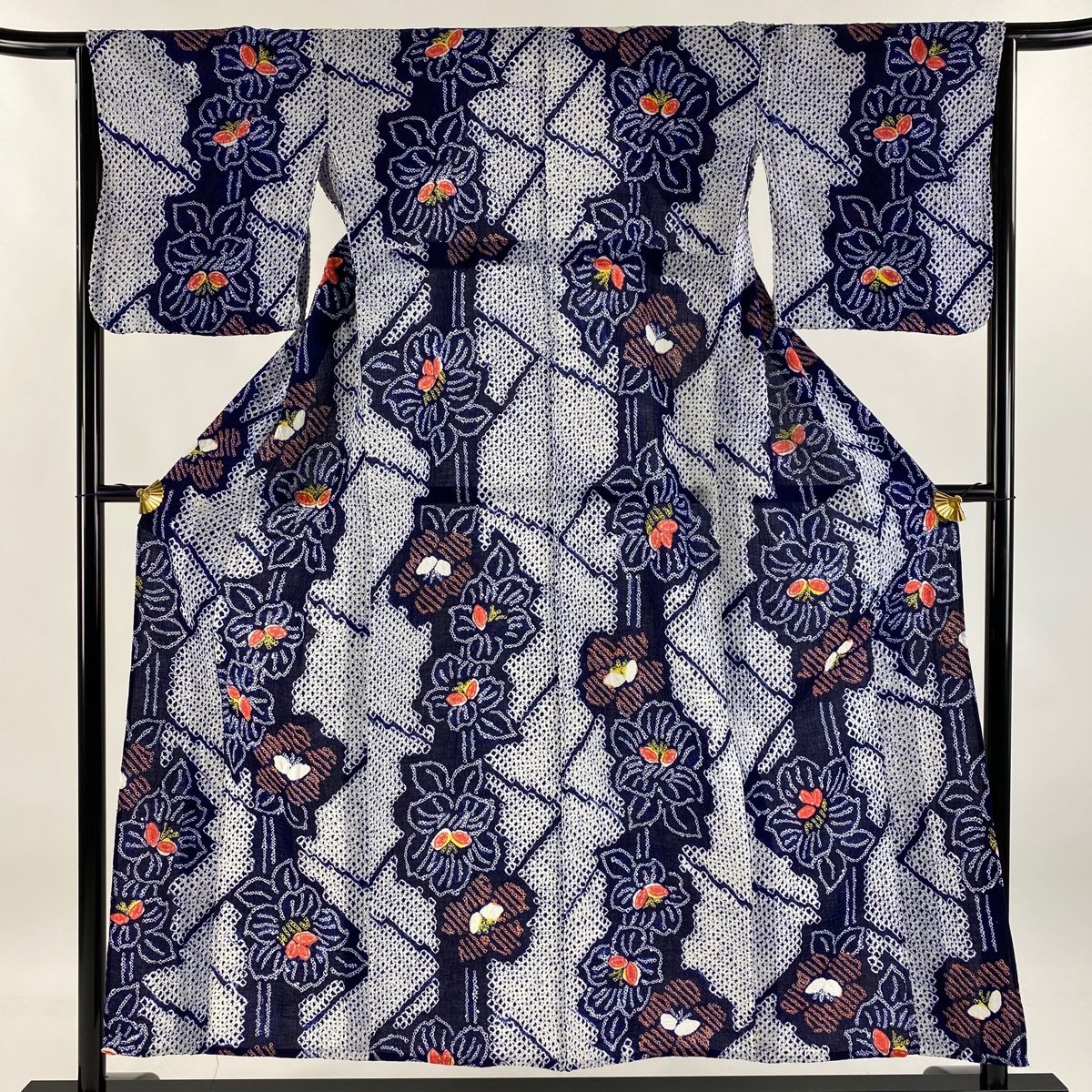 浴衣 身丈150.5cm 裄丈64.5cm M 絞り浴衣 草花 紺色 綿 名品