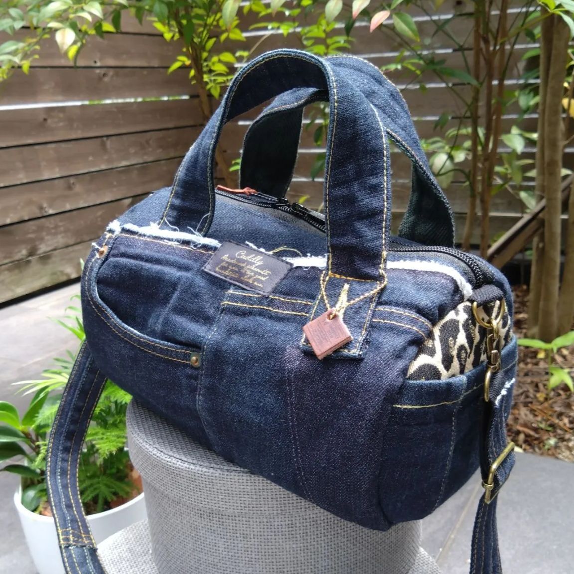№737 【DENIM❌️Leopardドラム缶型ハンドバッグ♥】デニムリメイク 