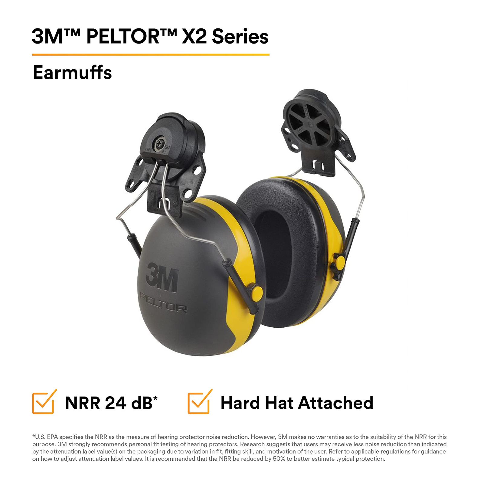 3 M Peltor X-Series X 2 P E Cap-Mount Earmuffs NRR 24 dB One Size Fits Most Black Yellow Pack of 1 by