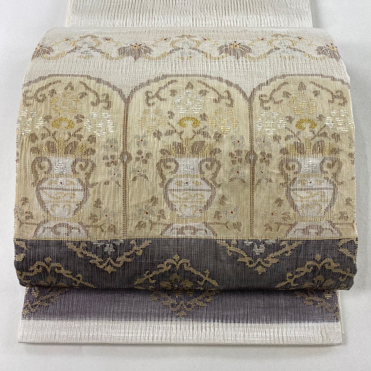 ★専用★美品 袋帯 紗 夏帯 夏 アイボリー 花文 金糸 長さ4m43cm 夏物 袋帯 紗 扇面 草花文 金銀糸 正絹 - メルカリ