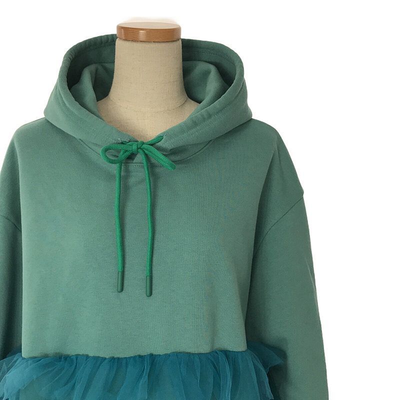 VIVIANO / ヴィヴィアーノ | TulleTrimmed HoodieSweat / チュール ドッキング スウェットパーカー | M | ターコイズグリーン系 | レディース VIVIANO / ヴィヴィアーノ | TulleTrimmed HoodieSweat / チュール