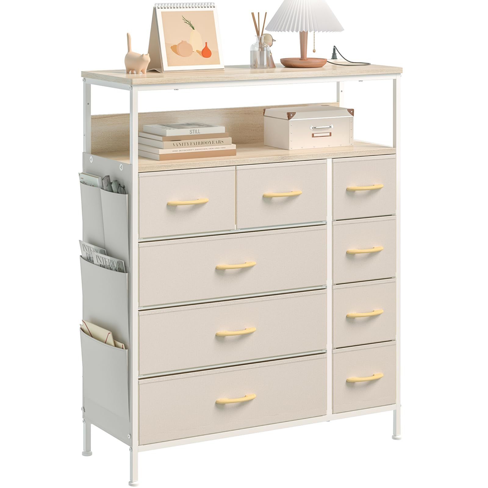 在庫処分 ランドリーチェスト リビング ハイチェスト 脱衣所 キャビネット おしゃれ 布製引き出し 箪笥 収納 衣類 整理タンス 洋服 収納棚 マルチチェスト 高通気性カチオン 衣装ケース 側面収納ポケット タンス ベージュ チェスト 2口コンセント-2段