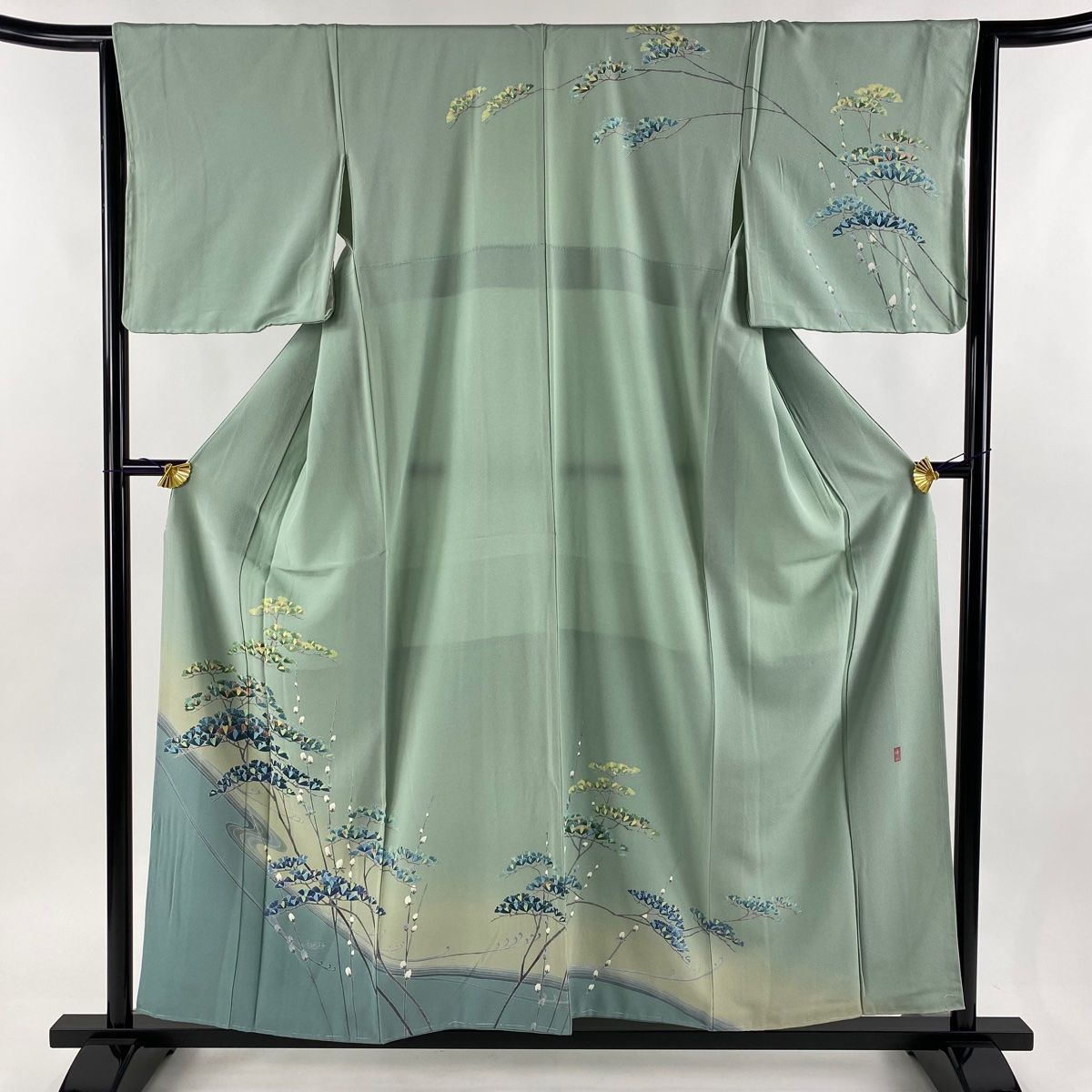 訪問着 身丈157cm 裄丈63.5cm S 袷 落款 松 枝花 染め分け 薄緑 正絹 秀品