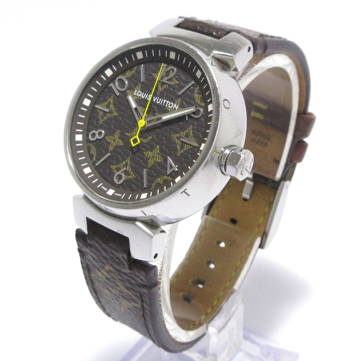 LOUIS VUITTON ヴィトン 腕時計 タンブールMM QA071 レディース SS モノグラム キャンバスベルト ダークブラウン