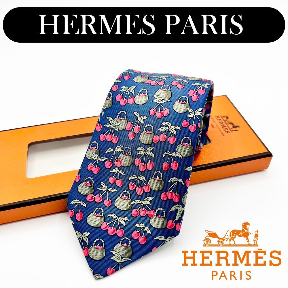 最高峰品】エルメス Hermès ネクタイ さくらんぼ柄 青色系 箱付き