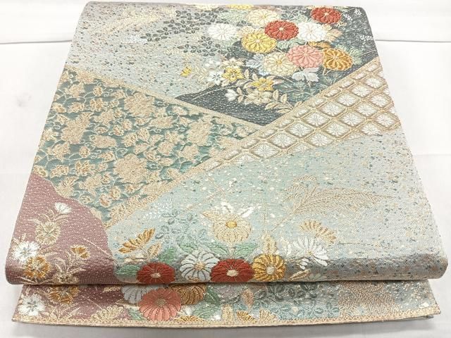 さが美 超美品 正絹 六通 袋帯 着物 439 シンプル竹 笹 金糸 金