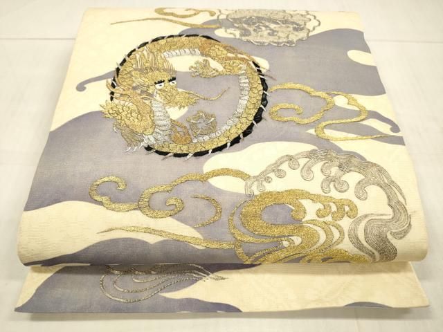 平和屋着物＊夏物 アンティーク 大正ロマン 太鼓柄袋帯 駒刺繍 霞龍文 金銀糸 正絹 DAAW4221cm