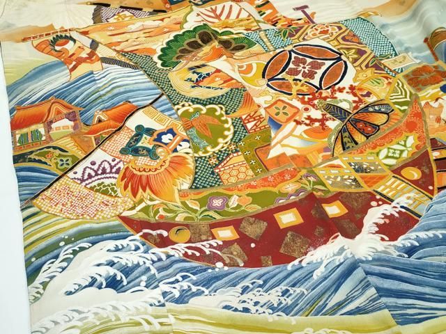平和屋本店■極上　アンティーク　大正ロマン　振袖　駒刺繍　宝船飛鶴文　黒地　暈し染め　金彩　逸品　CZAA3246s5 平和屋本店□極上 アンティーク 大正ロマン 振袖 駒刺繍 宝船飛鶴文
