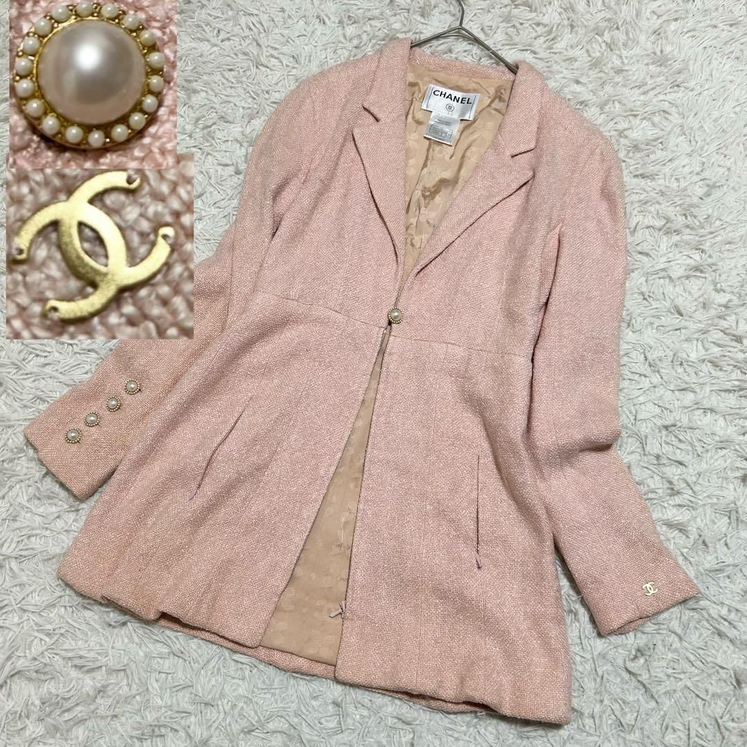 CHANEL ココマーク パールボタン シルク ツイードジャケット ピンク