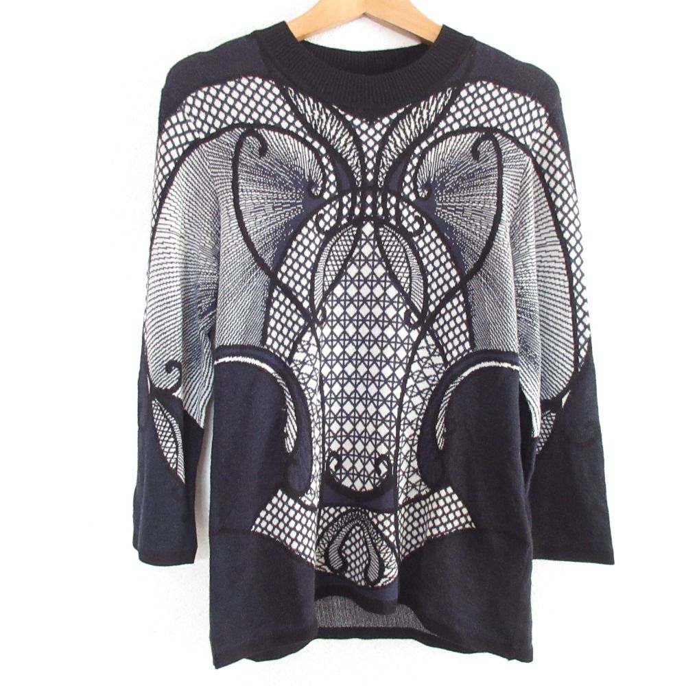 未使用 TRICOT CHIC トリコシック 七分袖 クルーネック ジャガードニット プルオーバー セーター 44 ネイビー系 レディース 古着 中古 未使用 TRICOT CHIC トリコシック 七分袖 クルーネック