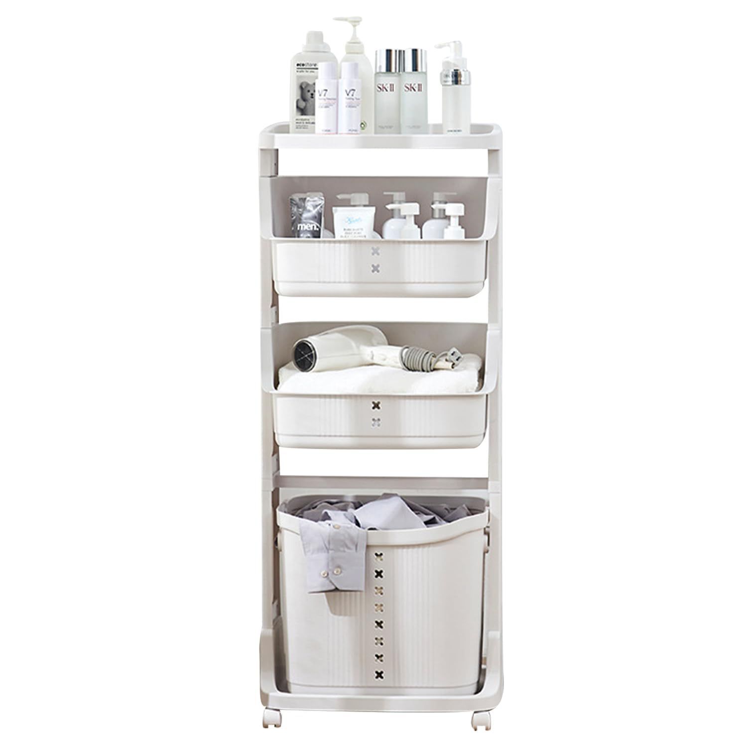 新着商品 キャスター付き取り外し なバスルーム 収納 脱衣所 キッチン 洗濯かご ランドリールーム 収納ラック 大容量 果物と野菜のおもちゃの収納 ランドリーワゴン キッチン収納に 4段 ランドリーバスケット 四階 seacall