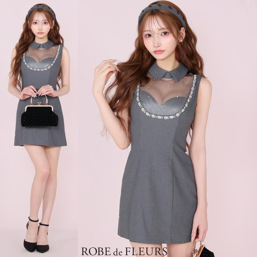 ローブドフルール ビジューシアーチュールタイトミニキャバドレス ROBE de FLEURS / ローブドフルール】ビジューシアーチュール