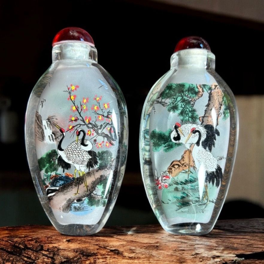 2個セット】 鼻煙壺 中国美術 伝統工芸 中国 小瓶 鶴 インテリア