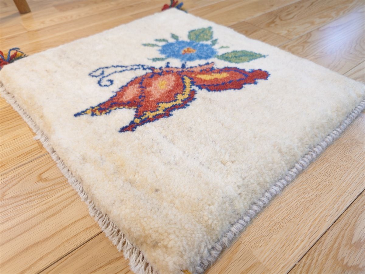 ペルシャ ギャッベ ミニマット ラグ 横42x38cm ベージュ 蝶と花 T7254 MARWIL-DEMENAGEMENTS_CH