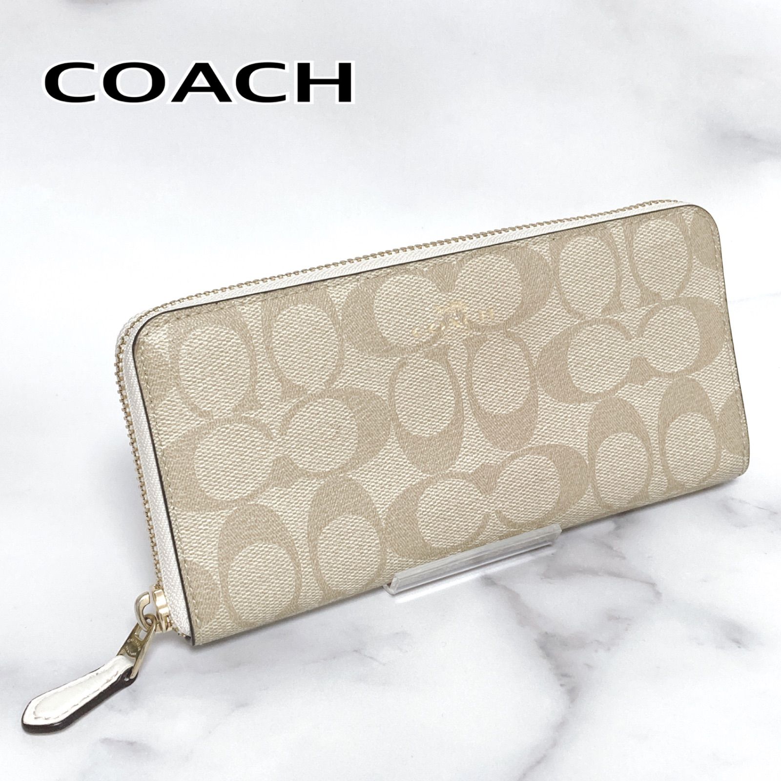 コーチ COACH 長財布 ラグジュアリー シグネチャー PVC レザー アコーディオン ジップ アラウンド PVC(塩化ビニール) ベージュ×ピンク COACH 長財布 コーチ 長財布 ラグジュアリー シグネチャー レザー xc