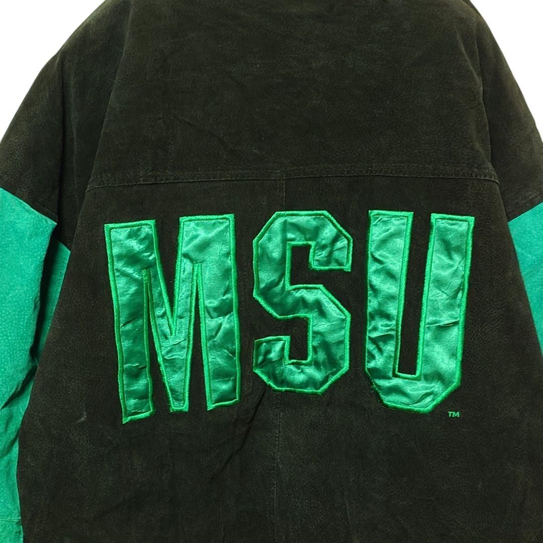 希少 ミシガン大学 MSU カレッジロゴ刺繍 レザースタジャン A-3972