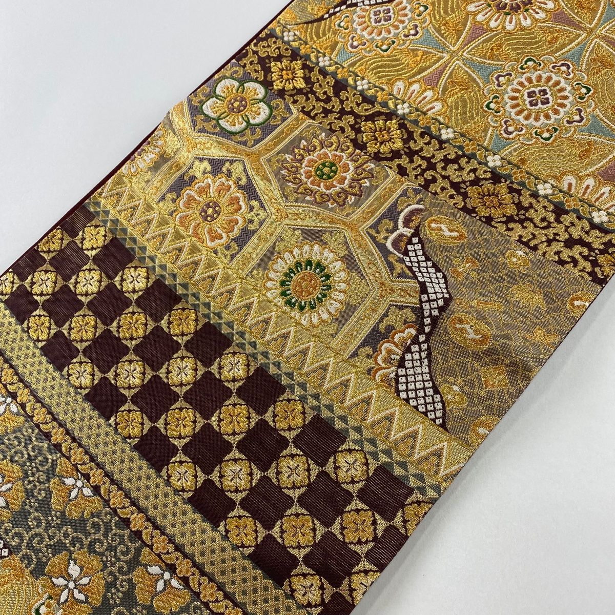 袋帯 美品 名品 鳥襷文 蜀江華文 金糸 箔 金色 六通 正絹 【中古