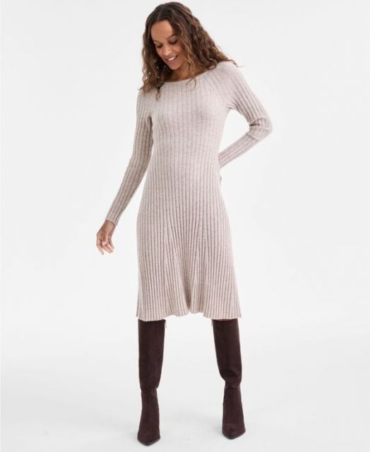 送料無料 チャータークラブ レディース ワンピース トップス Women s Cashmere Ribbed Midi Sweater Dress PXS-XXL Pearl Taupe Heather