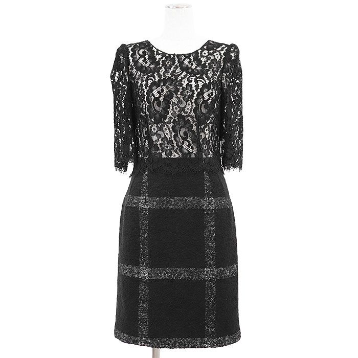 DOLCE - GABBANA ドルチェ アンド ガッバーナ ワンピース レース × ブークレニット 花柄 フローラル × ウィンドペン チェック コンビネーション アルパカ モヘア混 ショートスリーブ 半袖 ドレス レディース 40 黒 イタリア製