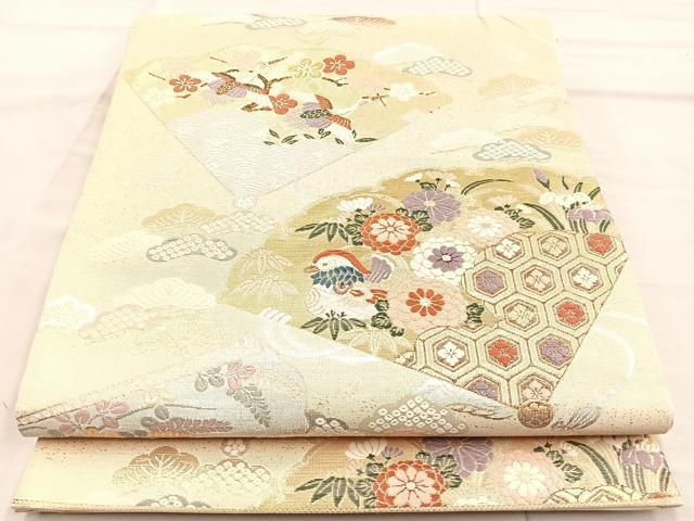 正絹 袋帯プラチナ摺箔二重織 九百錦 扇面花鳥 新品