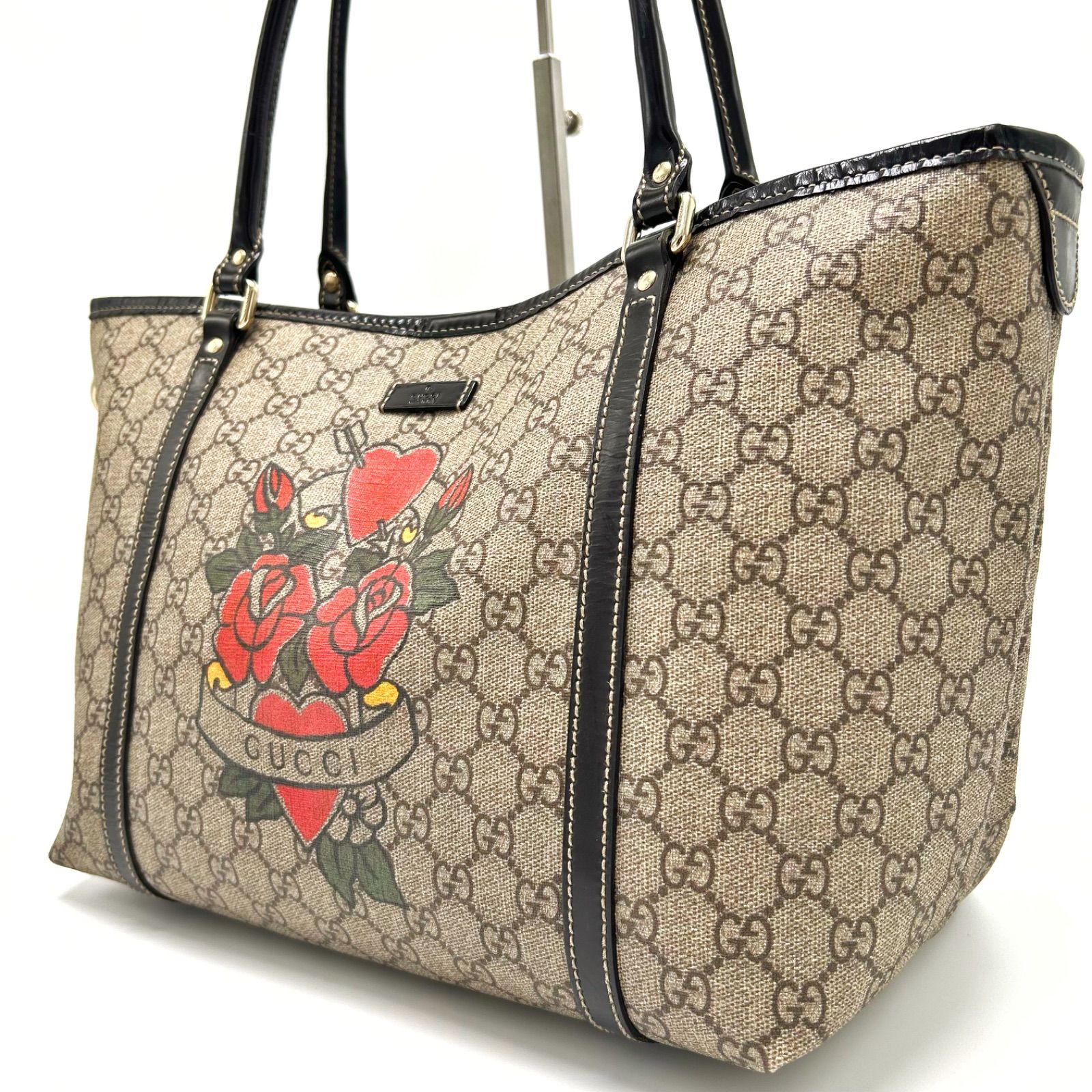 美品✨GUCCI グッチ トートバッグ タトゥープリント GGスプリーム×レザー 美品】GUCCI グッチ トートバッグ タトゥー GGスプリーム×レザー