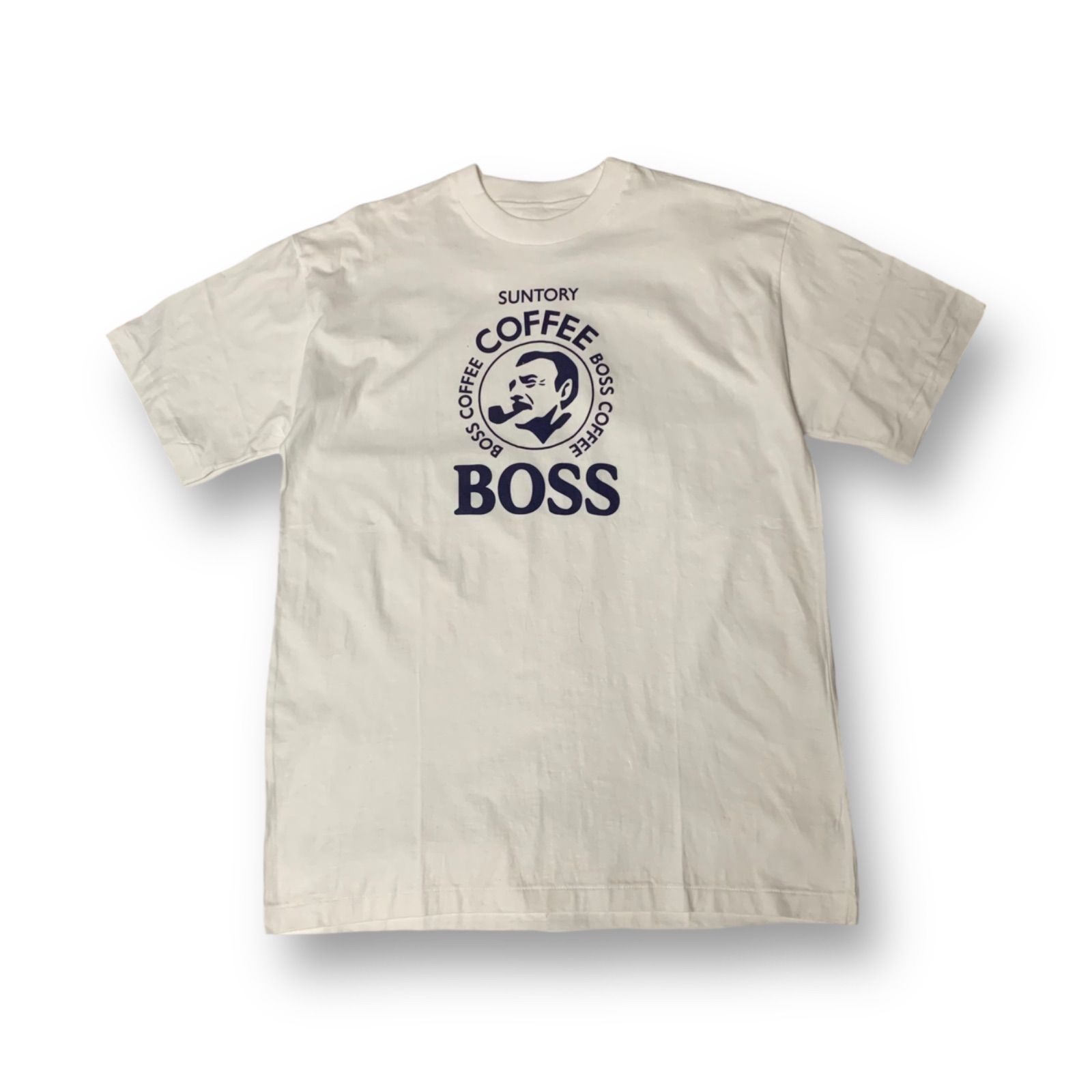 90s SUNTORY “BOSS” S/S Logo Graphic T-Shirt サントリー ボス ロゴグラフィックTシャツ 半袖 ホワイト  ネイビー フリーサイズ Lサイズ相当 企業物 シングルステッチ