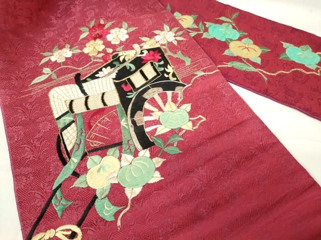 平和屋着物 アンティーク 大正ロマン 九寸名古屋帯 駒刺繍 総刺繍 御所車花文 金糸 正絹 DAAX3369az