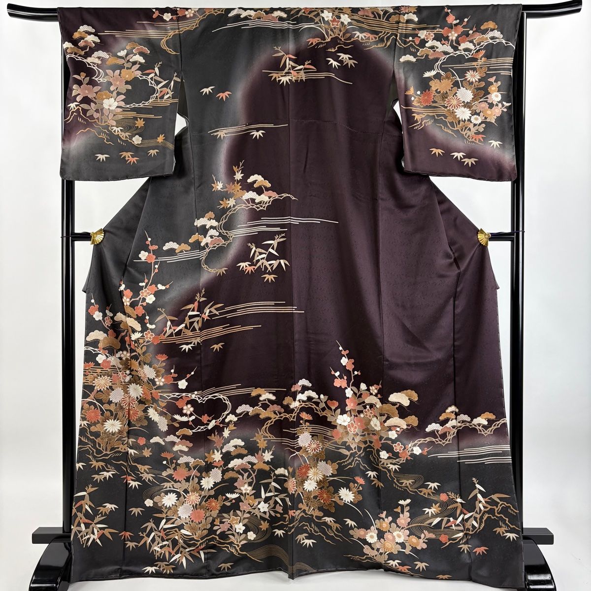 志ま亀　正絹　手描き　訪問着　松竹梅　黒 訪問着 身丈170cm 裄丈67.5cm L 袷 松竹梅 菊 金彩 染め分け 黒