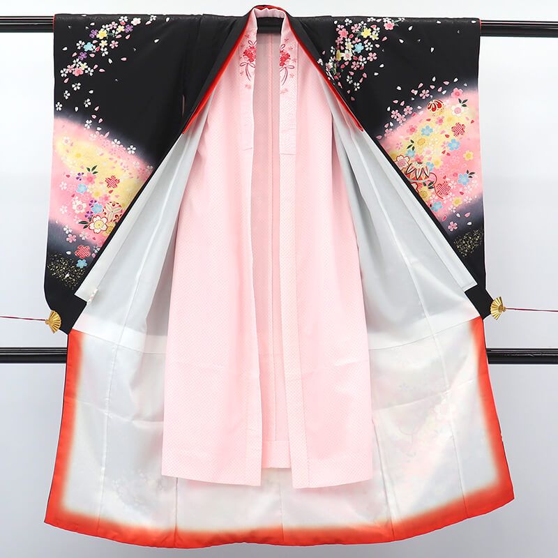 七五三 お祝い着 女児 7歳着物 長襦袢セット キッズ ガール ポリエステル 黒 鞠 桜 身丈127.5cm 裄丈50cm 1点もの 即日発送 STEELWINDOWSANDDOORS_COM