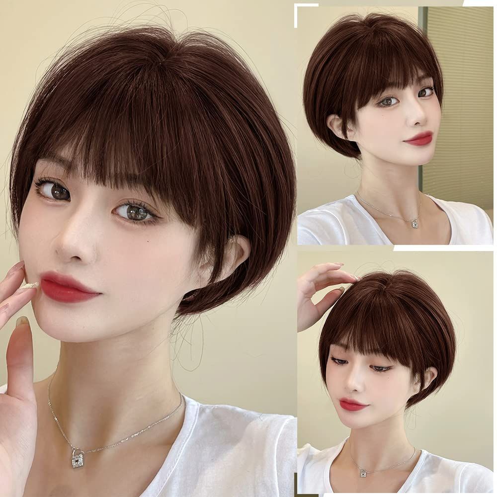 HAIRCUBE 日常 小顔 耐熱 自然 女装 ワンカール ネット/櫛付 wig 女性 レディーズ ぱっつん前髪 チョコ茶色 フルウィッグ ボブ ショート AISIHAIRウィッグ ウィッグ セミロング ストレート レイヤード