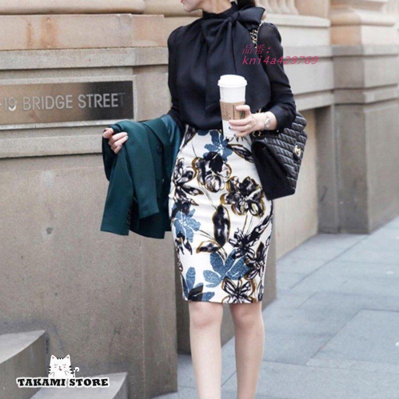  ボウタイ リボン ブラウス 長袖 シフォン ハイネック 通勤服 上品 大きいサイズ 黒 シアー レディース トップス エレオフィス お呼ばれ kni 4 a 429769 五分袖 七分袖 シャツ ブラウス