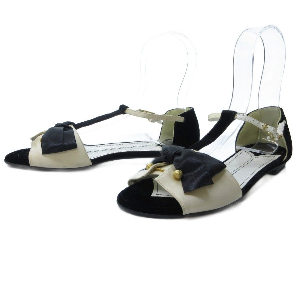 シャネル CHANEL リボン サンダル ミュール アンクルストラップ バイ 白 ホワイト 黒 ブラック 約24.5cm IBO81