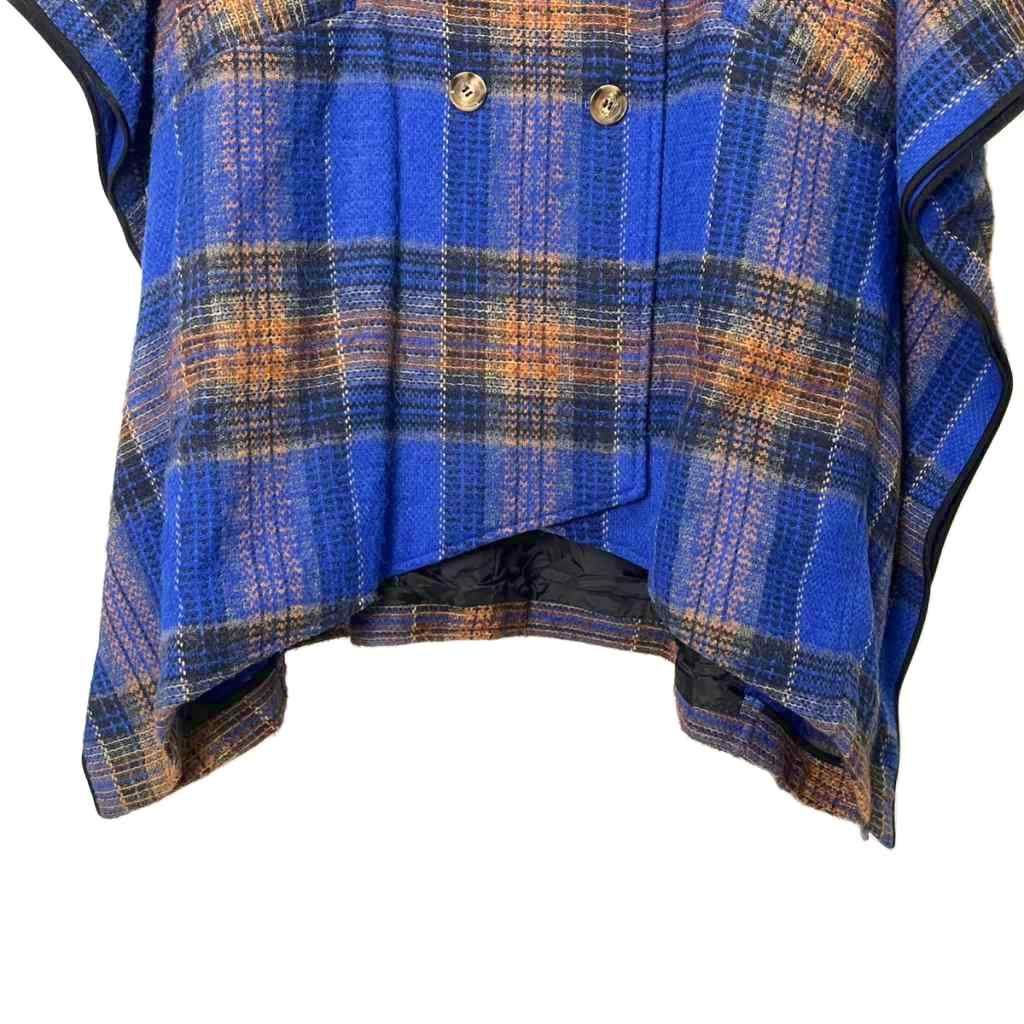 人気アイテムが再入荷！ アキラナカ AKIRA NAKA アルパカ混 チェック柄 ポンチョ ケープコート 38 ブルー オレンジ AW14-22