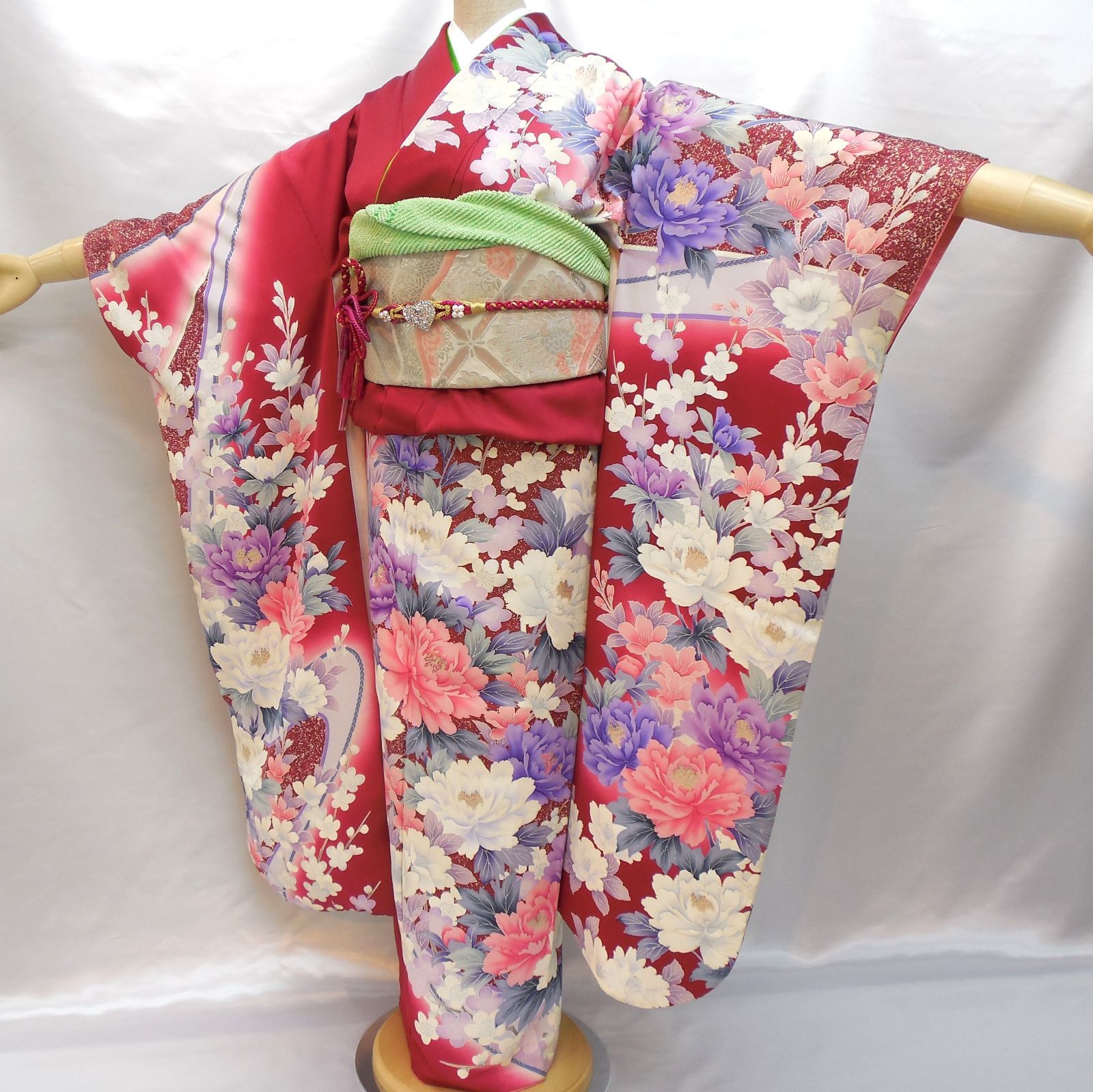 振袖 からし 鱗模様 花紋 無地 正絹 重ね衿付き(5点セット) 正統派