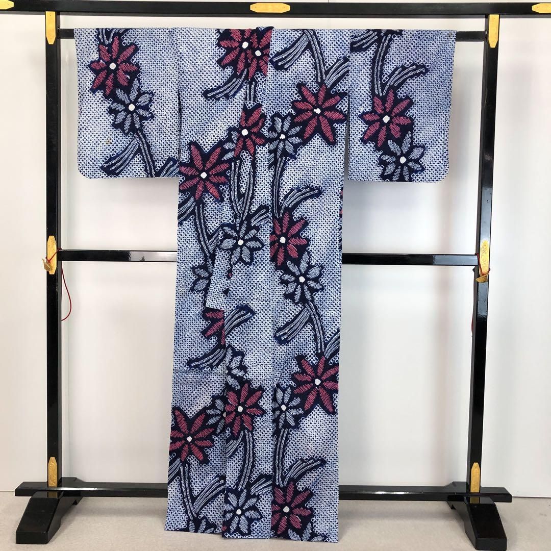 夏着物 浴衣 有松鳴海本絞り 抽象花模様 紺瑠璃色 K-4504