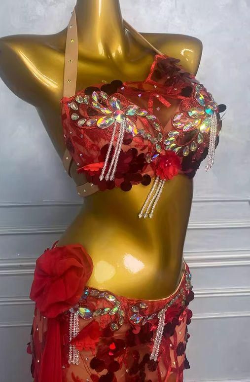 ✨【新品】ベリーダンス衣装セット? レッド ブラトップ＆スカート  