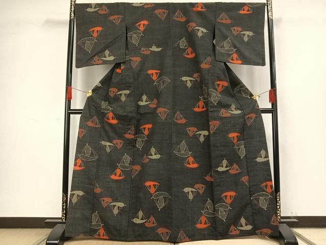 平和屋着物▽上質な紬　単衣　舞葉文　黒地　正絹　逸品　AAAW1312fy 平和屋着物▽上質な紬 単衣 舞葉文 黒地 正絹 逸品 AAAW1312fyの通販