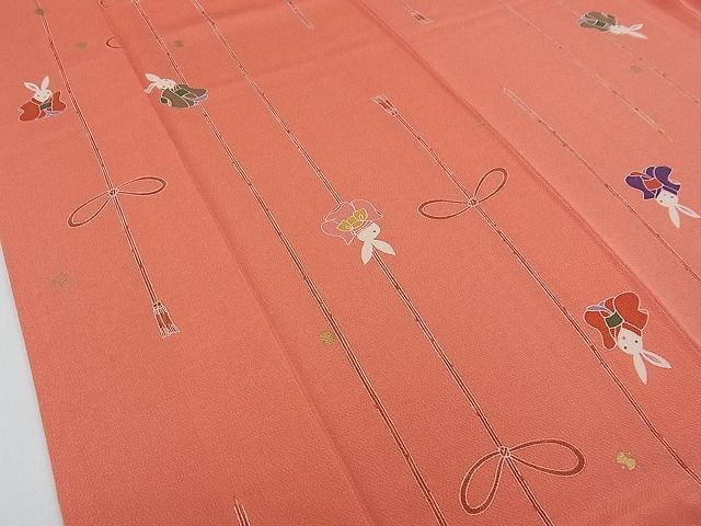 平和屋本店□極上 人形作家・ホリヒロシ 小紋 兎 金彩 鬼しぼ縮緬 鉛丹