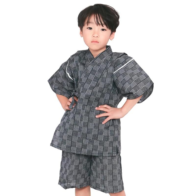 [KYOETSU] [キョウエツ] 甚平 しじら 綿 単品 ボーイズ (110cm， 市松×黒)