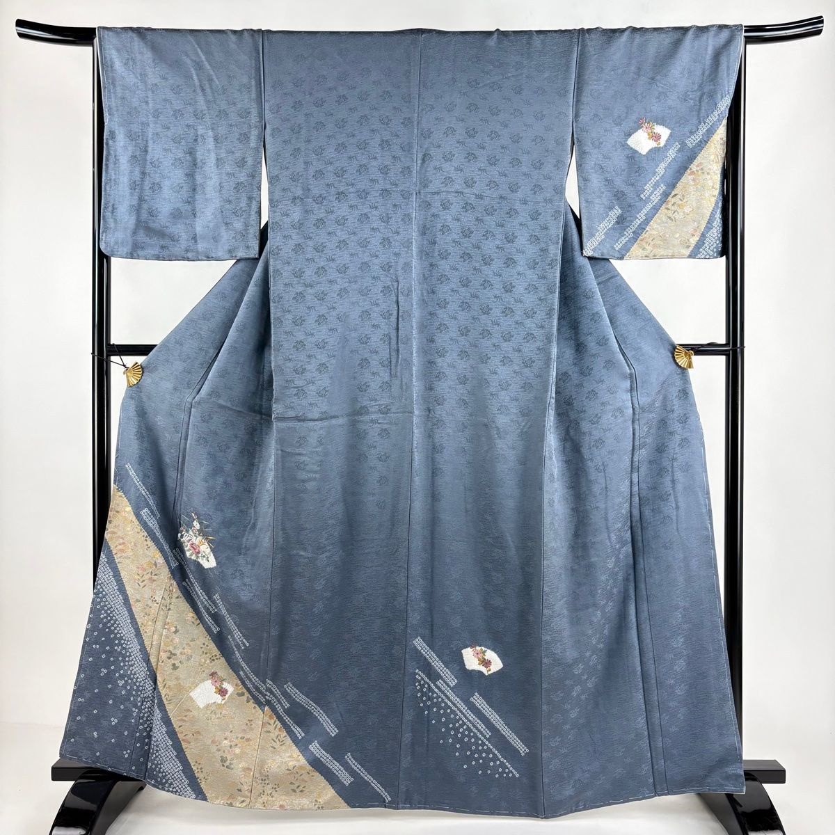 付下げ 身丈161.5cm 裄丈66cm M 袷 扇面 草花 刺繍 絞り 青灰色