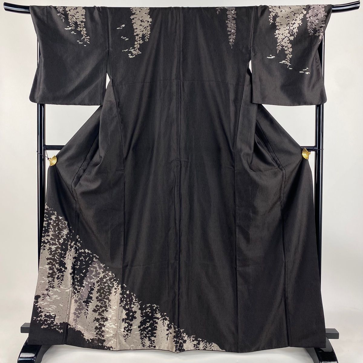 訪問着 身丈166cm 裄丈71cm L 袷 やまと 藤 シルエット 銀糸 焦茶色 正絹 秀品