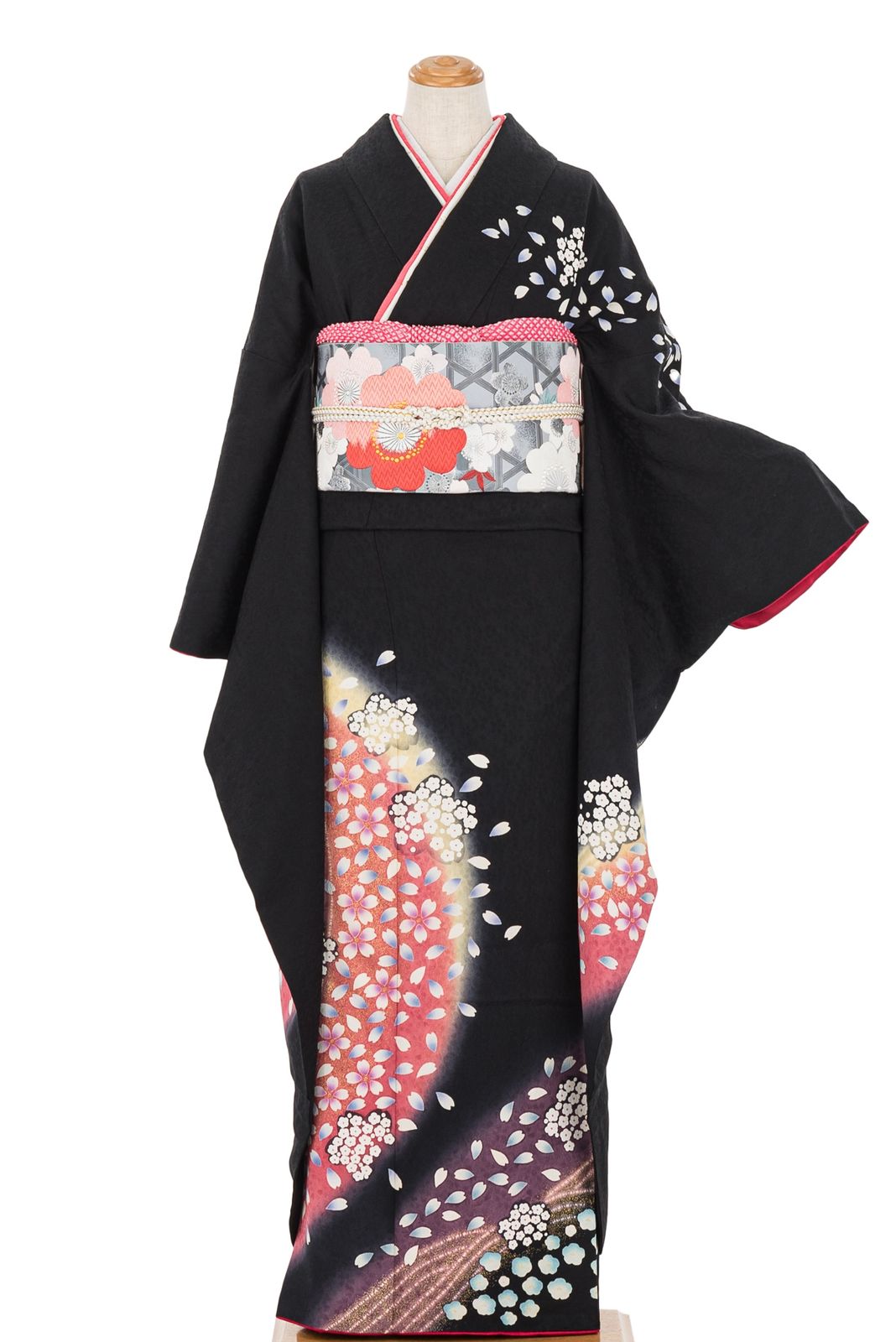 振袖 身丈156.5cm 裄丈62cm S 袷 草野一騎 落款 薔薇 金彩 染分け 黒