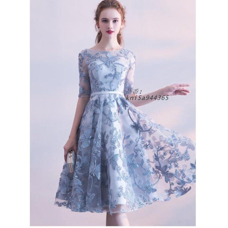 Aライン 袖あり パーティードレス ミモレドレス 結婚式 ドレス 女子会 二次会 大きいサイズ 発表会 お呼ばれ 同窓会 ワンピース ウエディングドレス お食事会 kni5a944365